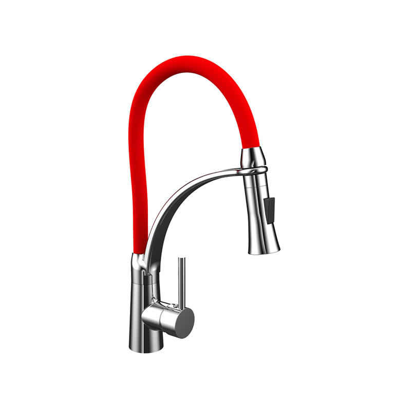 Single Handle Pull Down Red Rubber Spout Sprayer Kitchen Faucet Chrome Plate F80099R